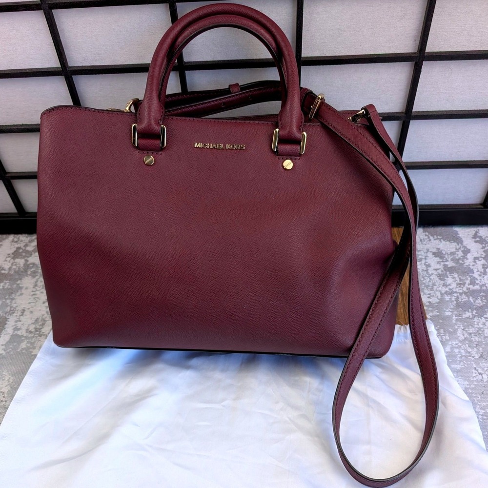 Michael Kors Savannah Large Satchel Burgundy Saffiano Leather Crossbody Bag Gold